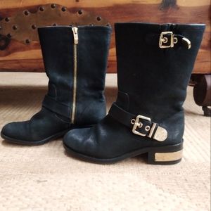 Vince Camuto Winchell Black Leather Moto Boots Gold Buckle